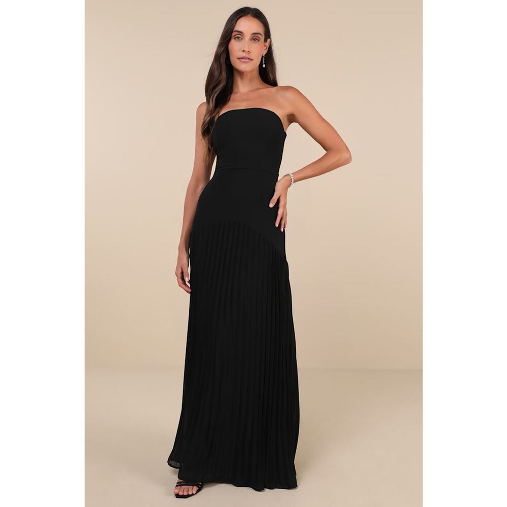 NWT Lulus Celebratory Aesthetic Black Pleated Strapless Maxi Dress Bridesmaid L